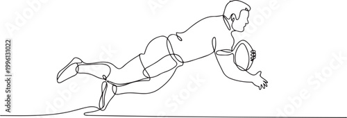 Continuous one line drawing male rugby player making score at training session or match on grass field. Balance, endurance and workout for wellness. one line Icon drawing