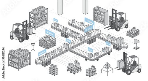 Infographic illustration of a warehouse conveyor belt system with forklifts and pallets in a factory setting with a technical mood.