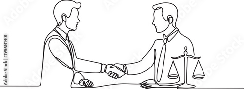 Continuous one single line drawing Client shakes hands with lawyer Legal services scales Advocate consultation Jurisprudence icon vector illustration. one line Icon drawing