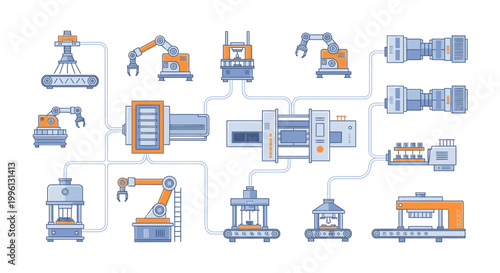 Infographic illustration of industrial manufacturing process with various machines and robotic arms in blue and orange hues on a white background.