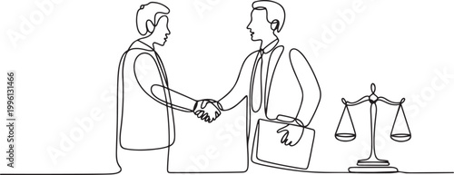 Continuous one single line drawing Client shakes hands with lawyer Legal services scales Advocate consultation Jurisprudence icon vector illustration. one line Icon drawing