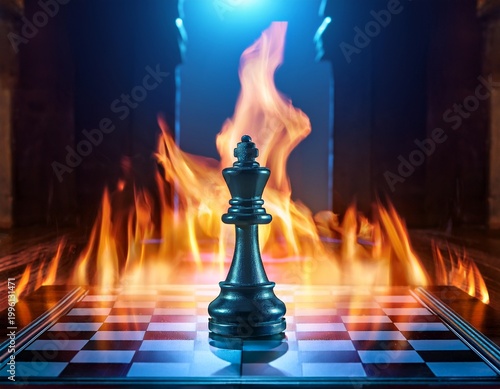 dramatic chess king on fiery board amid neon lights and shadowy corridor