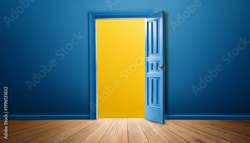 open blue door reveals bright yellow room opportunity choice new beginnings