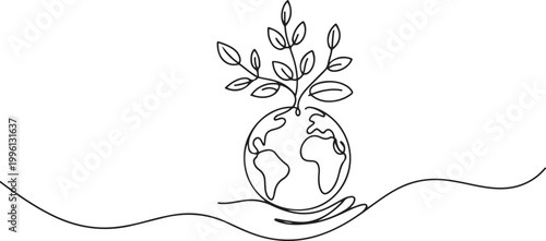 Continuous Line Drawing of Environmental Protection Icon. World Environment Day concept growth, global, planet earth. one line Icon drawing