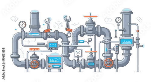 Illustration of industrial pipes and valves with gauges and controls on a white background in a technical drawing style with a predominantly gray and blue color scheme.