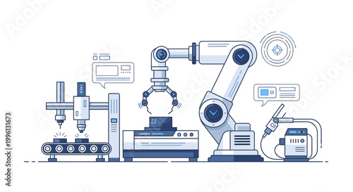 A line drawing of industrial robots and manufacturing equipment with various technical icons on a white background in shades of blue.