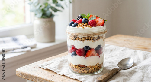 Skyr parfait layered with berries and oats in glass jar