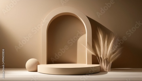 beige minimalist product display stage arch background mockup