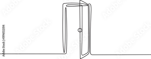 Door knob continuous one line drawing, Door outline drawing illustration. one continuous line drawing of opened door. one line Icon drawing