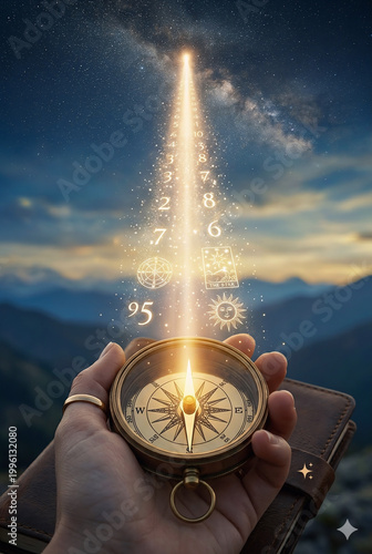 Human hand holding a vintage golden compass with mystical glowing numbers and light beam rising to the sky