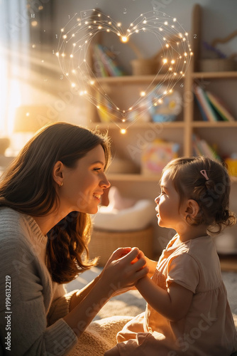 Happy mother and her little daughter looking at each other in a cozy evening room with warm magical lights