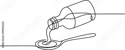 continuous line drawing of spoon and bottle of medicine syrup.one line drawing of bottle pouring medicine syrup into spoon. one line Icon drawing