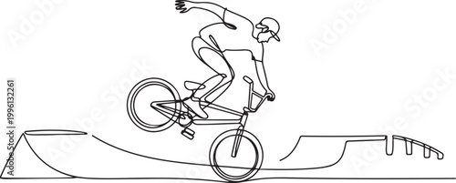 Continuous one line drawing male athlete performing 360 rotation trick in skate park on his bike while balancing one wheel. one line Icon drawing