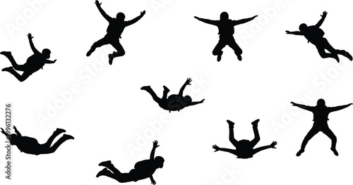 Skydiver, black, silhouette, collection, featuring, people, in, freefall, jumping, through, air, on, white, background, extreme, sports, vector, illustration, set, isolated.