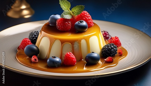 elegant panna cotta with fresh berries and caramel sauce generative ai