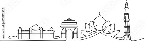 Continuous One Line Drawing Delhi Skyline vector art. one line Icon drawing