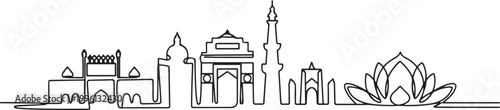 Continuous One Line Drawing Delhi Skyline vector art. one line Icon drawing
