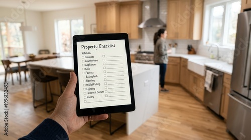Closeup of hand holding a tablet displaying a property checklist while surveying a spacious kitchen with remaining room softly out of focus.