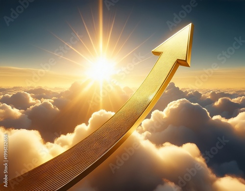 golden arrow pointing upward above clouds toward bright sun symbolizing success and growth
