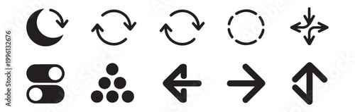 Assorted interface navigation symbols including arrows toggles and sync icons for modern app design.