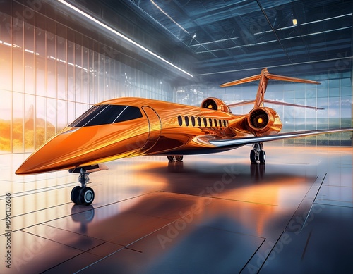 modern orange jet in futuristic glass hangar