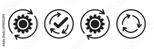 Four circular icons depicting refresh cycles with gears and checkmark for process workflow automation.