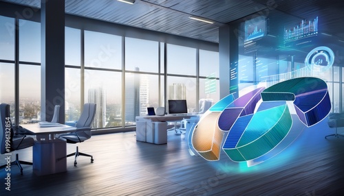 holographic analytics pie charts floating in modern office with copy space