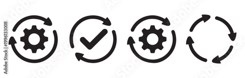 Four circular icons showing refresh cycles with gears and checkmark for process workflow automation.