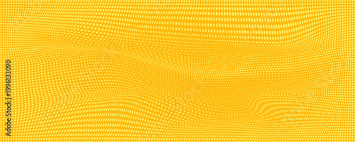 Yellow halftone pattern. Retro comic gradient background. Bright orange pixelated dotted texture overlay. Cartoon pop art faded gradient pattern. Vector backdrop for poster, banner, advertisement