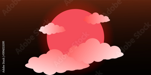 Celestial dreamscape with a vivid crimson sun partially veiled by wispy, soft pink clouds against a dark, ethereal backdrop