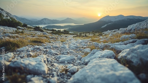 Serene Sunset over Mountain Lake: A Rocky Path to Tranquility