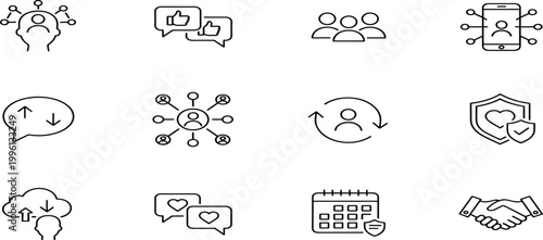 Social networking icons set featuring customer feedback handshake heart bubbles and community engagement symbols for marketing strategy and online communication,