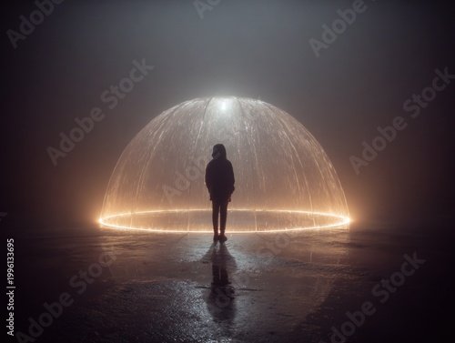 Personal bubble and social distancing A person stands under a protective dome shield representing mental health isolation and the need for protection from the outside world creating a safe space.
