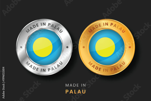 High-quality gold and silver circular labels with the Palau flag. Made in Palau emblems ideal for local business, exports, and authentic product manufacturing origin certification.
