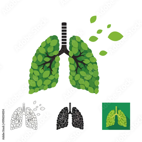 Lungs made of green leaves and different styles of lungs  healthy and unhealthy