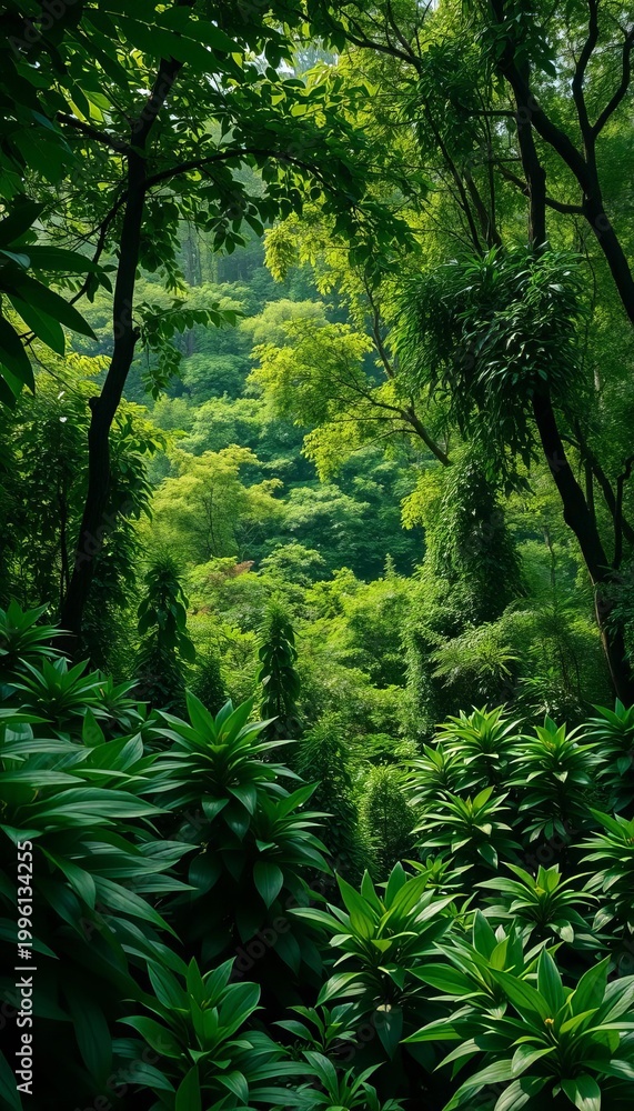 Fototapeta premium Lush Tropical Jungle Landscape With Dense Green Foliage