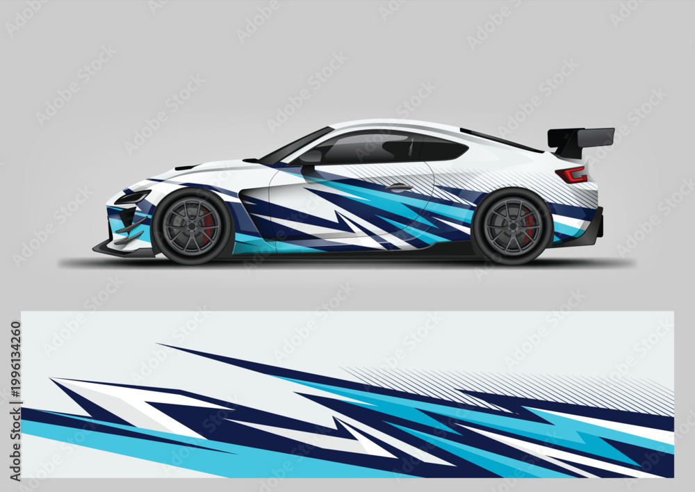 Fototapeta premium White blue Racing Car Livery, Abstract Vinyl Wrap Design with Sharp Sport Graphics