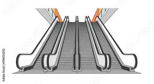Two parallel escalators are positioned side by side with orange accent panels at the top against a plain white background in a symmetrical architectural layout.