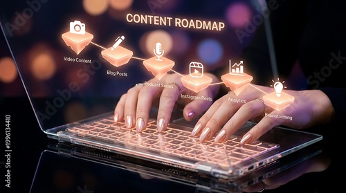 A person using a laptop with a glowing keyboard and a content roadmap on the screen with icons for video content, blog posts, podcast series, instagram reels, analytics, and brainstorming