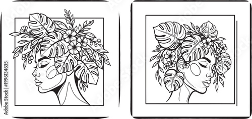 Abstract portrait of a woman with tropical leaves and flowers in her hair line art portrait tropical botanical monstera illustration minimalist