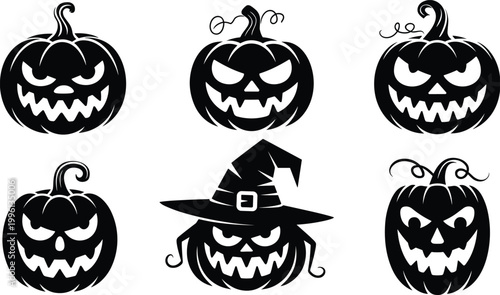 Spooky Halloween silhouette collection with haunted house, flying witch, scary jack o lantern pumpkins, and creepy cemetery graveyard vector illustration set.