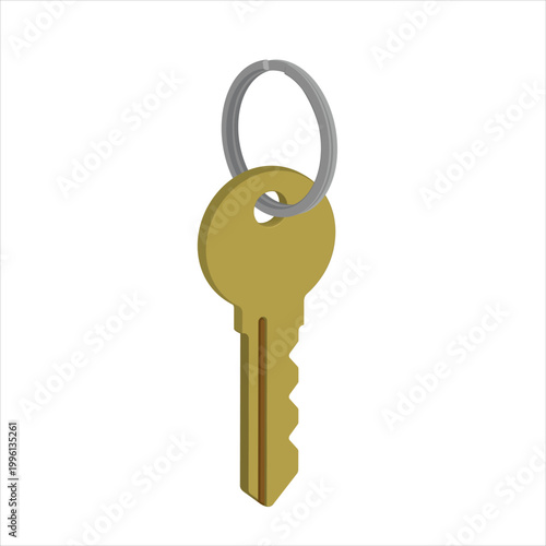 3D Isometric Golden House Key with Silver Ring. Real Estate and Security Concept Illustration