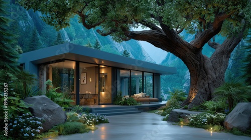 Modern house located in a forest clearing next to a large tree during twilight hours with soft lighting illuminating the surroundings