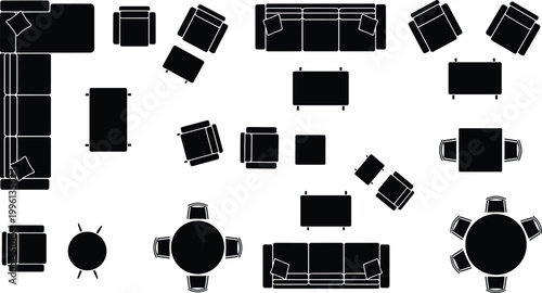 Top view furniture silhouettes set featuring sectional sofas armchairs dining tables and seating arrangements for interior design house floor plans,