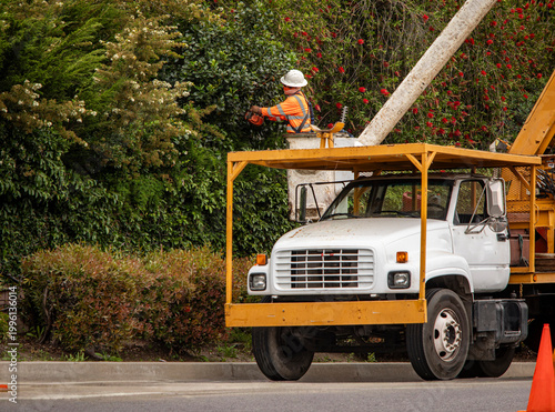 Картината върху платно A tree trimmer in the bucket of a large articulating boom lift