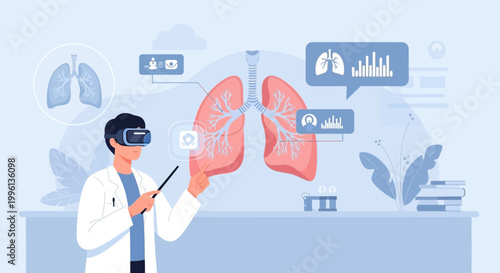 Doctor uses VR headset to explore lungs in virtual reality, medical technology concept