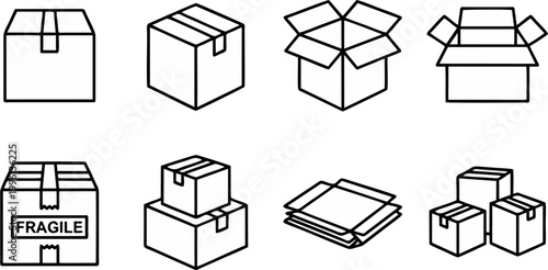 Shipping Box Icon Set with Open, Closed and Fragile Cardboard Package Line Art
