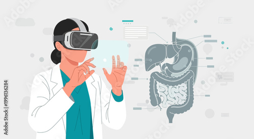 Doctor using VR headset for virtual reality medical training of human digestive system anatomy