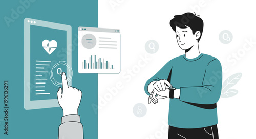 Man using smartwatch for health monitoring, digital health interface with heart rate and data