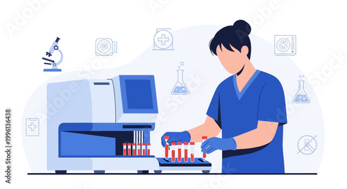 Medical laboratory technician working with blood samples and automated analyzer machine
